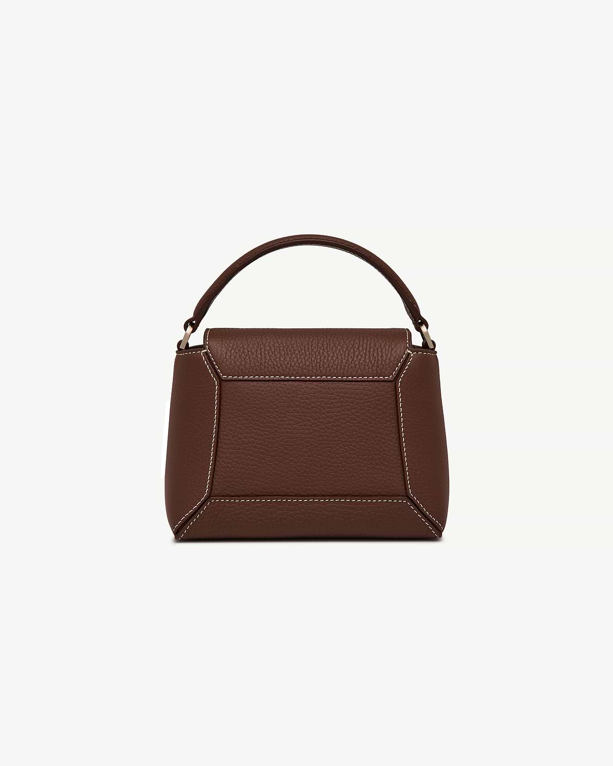 Small top-handle Mosaic Nano bag in chocolate pebbled leather with vanilla contrast stitching.