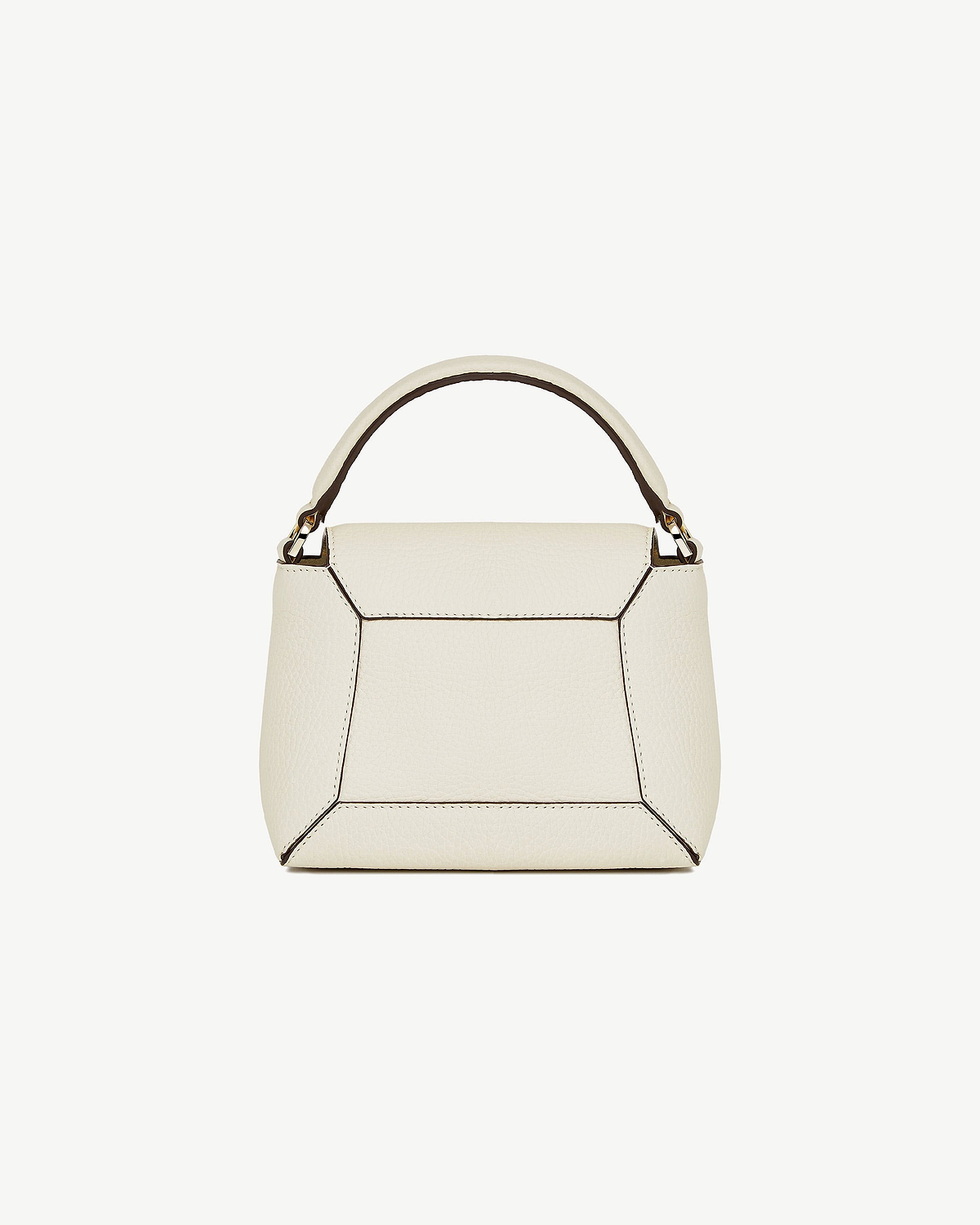 Vanilla leather top-handle bag with geometric panelling, contrast piping and gold hardware.
