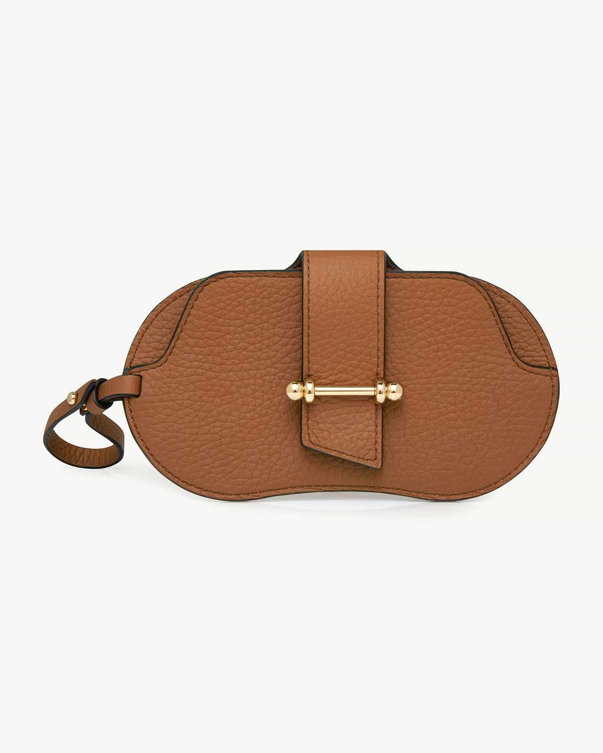 Tan pebbled leather sunglasses case with gold bar clasp and leather wrist loop