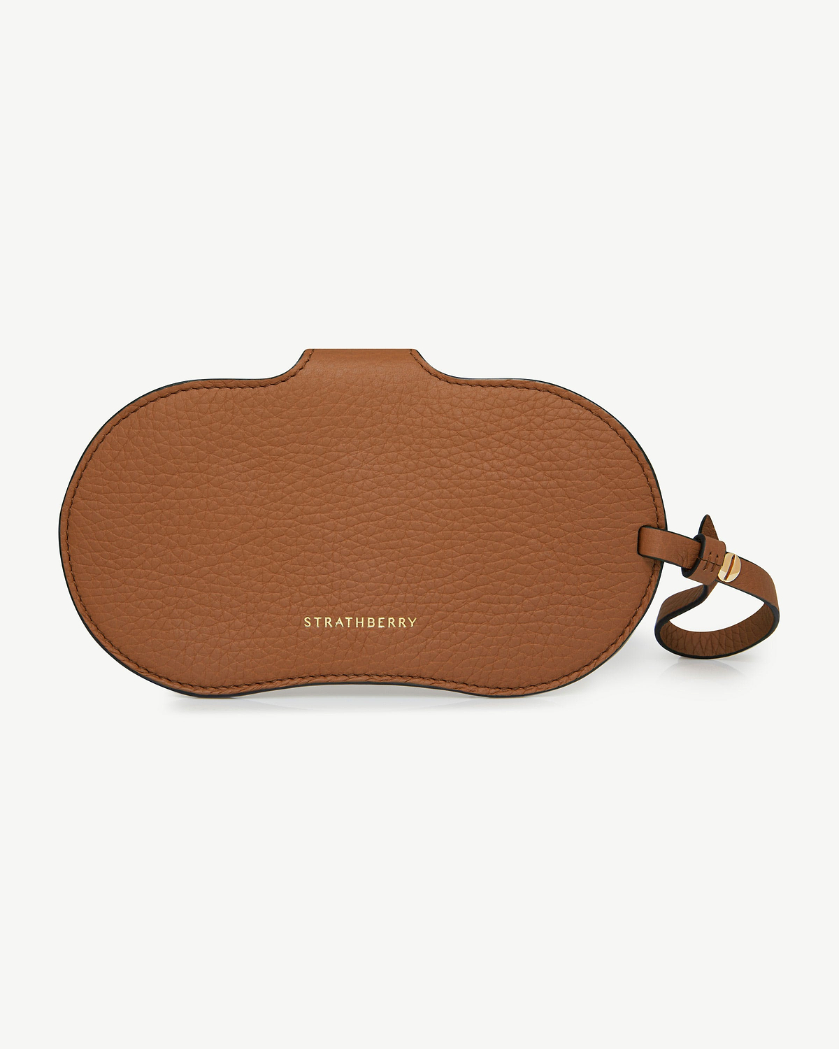 Tan pebbled leather Strathberry sunglasses case with strap and gold logo