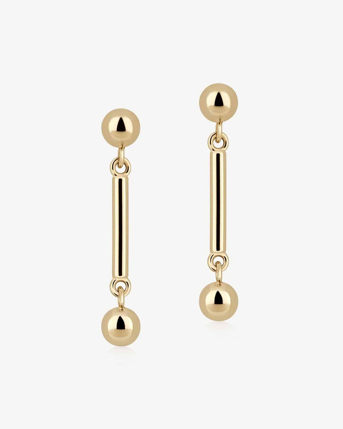 Pair of 22 carat gold-gilded music bar drop earrings with spherical studs.
