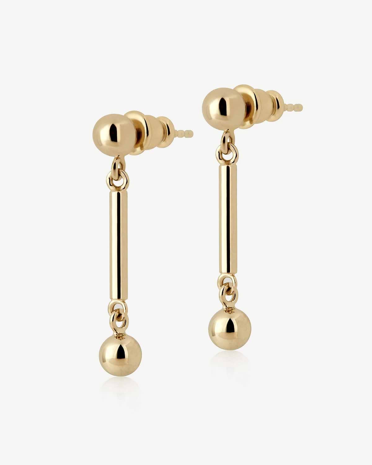 Pair of 22 carat gold-gilded music bar drop earrings with polished ball ends.