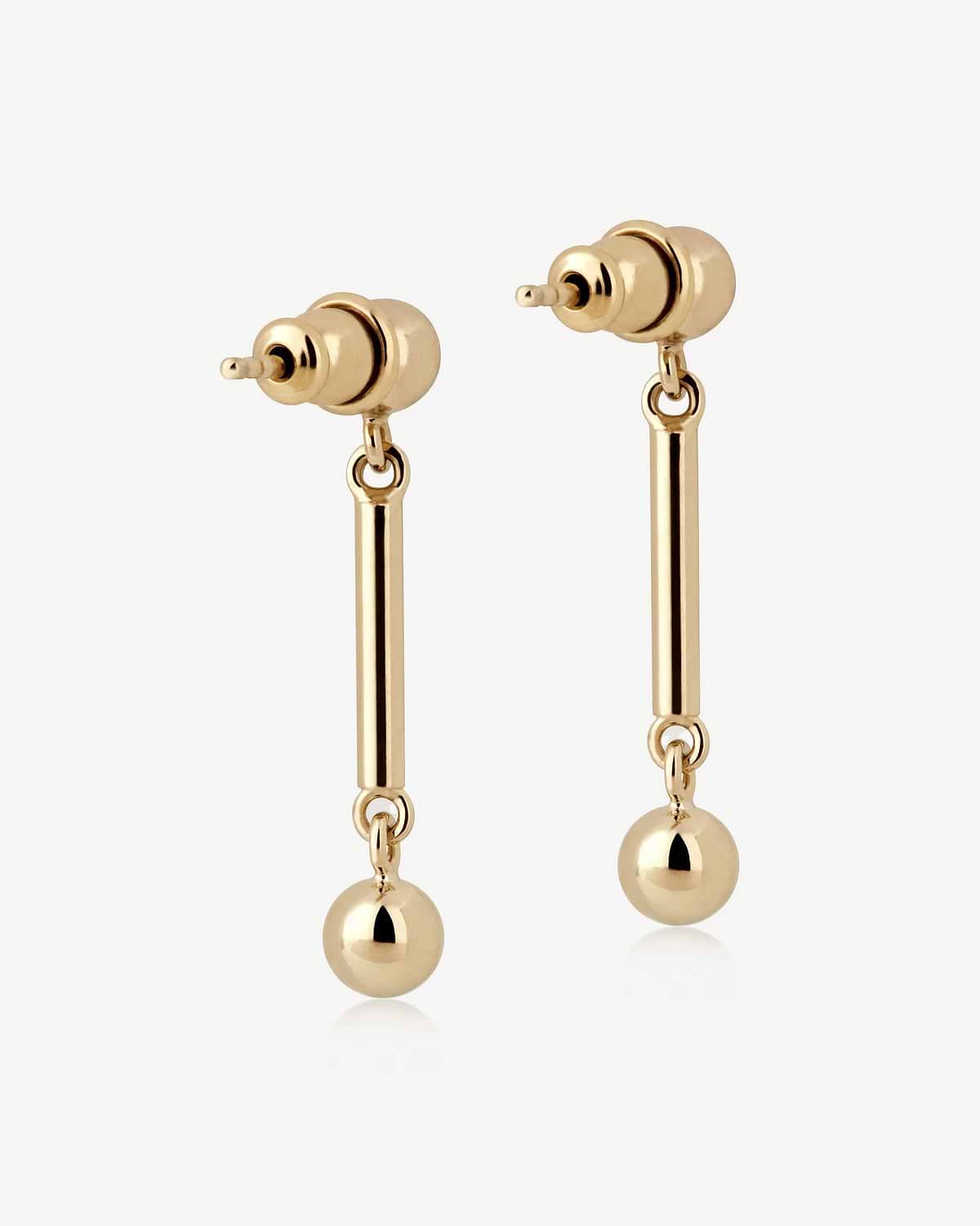 Pair of 22 carat gold gilded music bar drop earrings with ball ends.