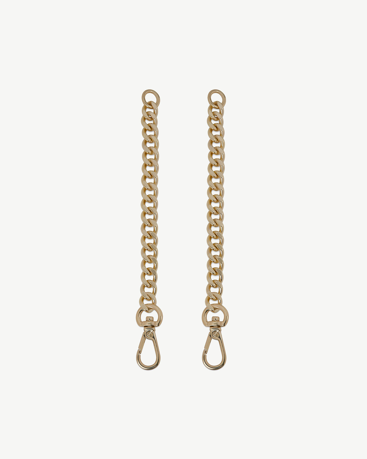 Pair of gold chain extenders with snap hooks on a white background.