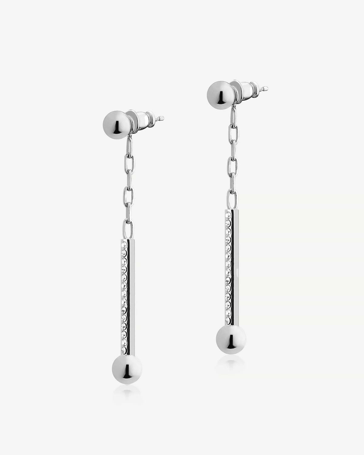 Pair of silver drop earrings with chains, crystal-studded bars and polished ball ends.