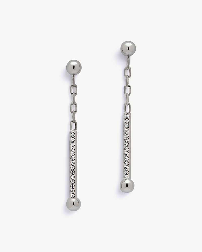 Silver drop earrings with ball studs, chain links and crystal-set bars.