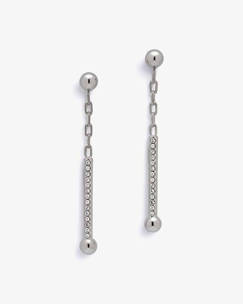 Silver drop earrings with ball studs, chain links and crystal-set bars.