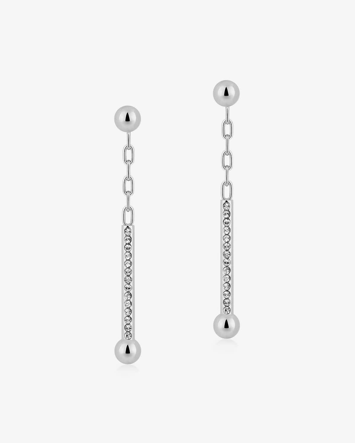 Pair of silver drop earrings with chain, crystal-set vertical bars and ball ends.
