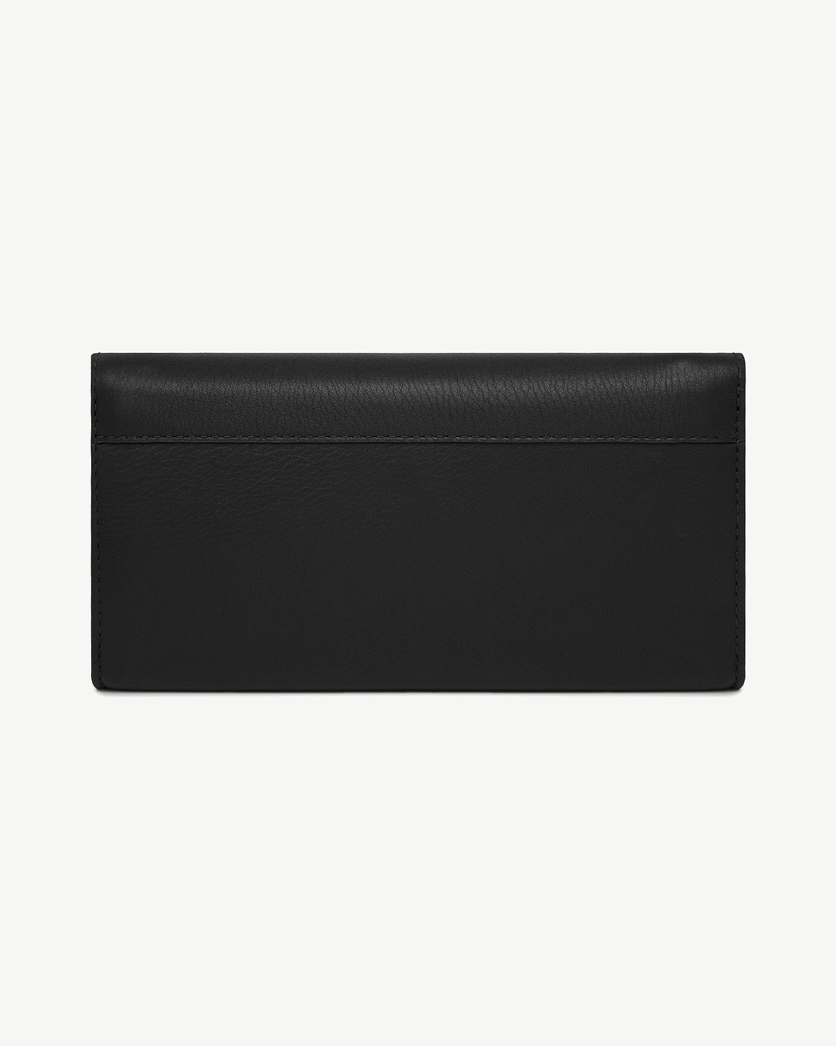 Black leather wallet with flap and visible stitching on a white background.