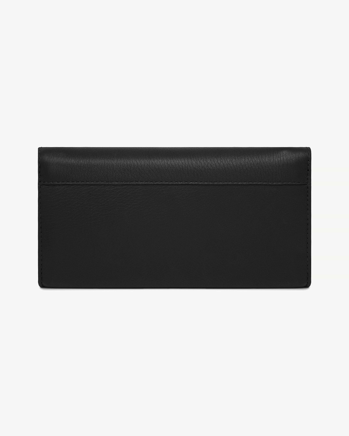 Black leather wallet with flap and visible stitching on a white background.