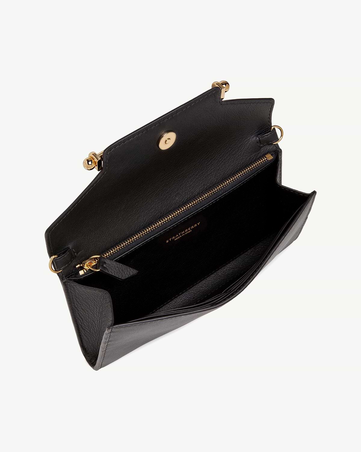Black Strathberry Multrees chain wallet open showing interior zip pocket and card slots