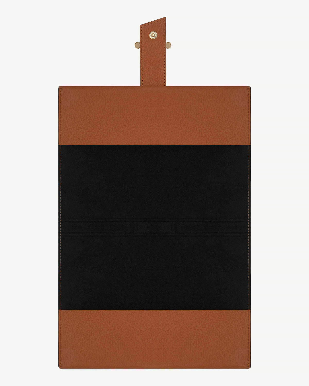 Open tan leather notebook cover with black interior and gold snap fastening