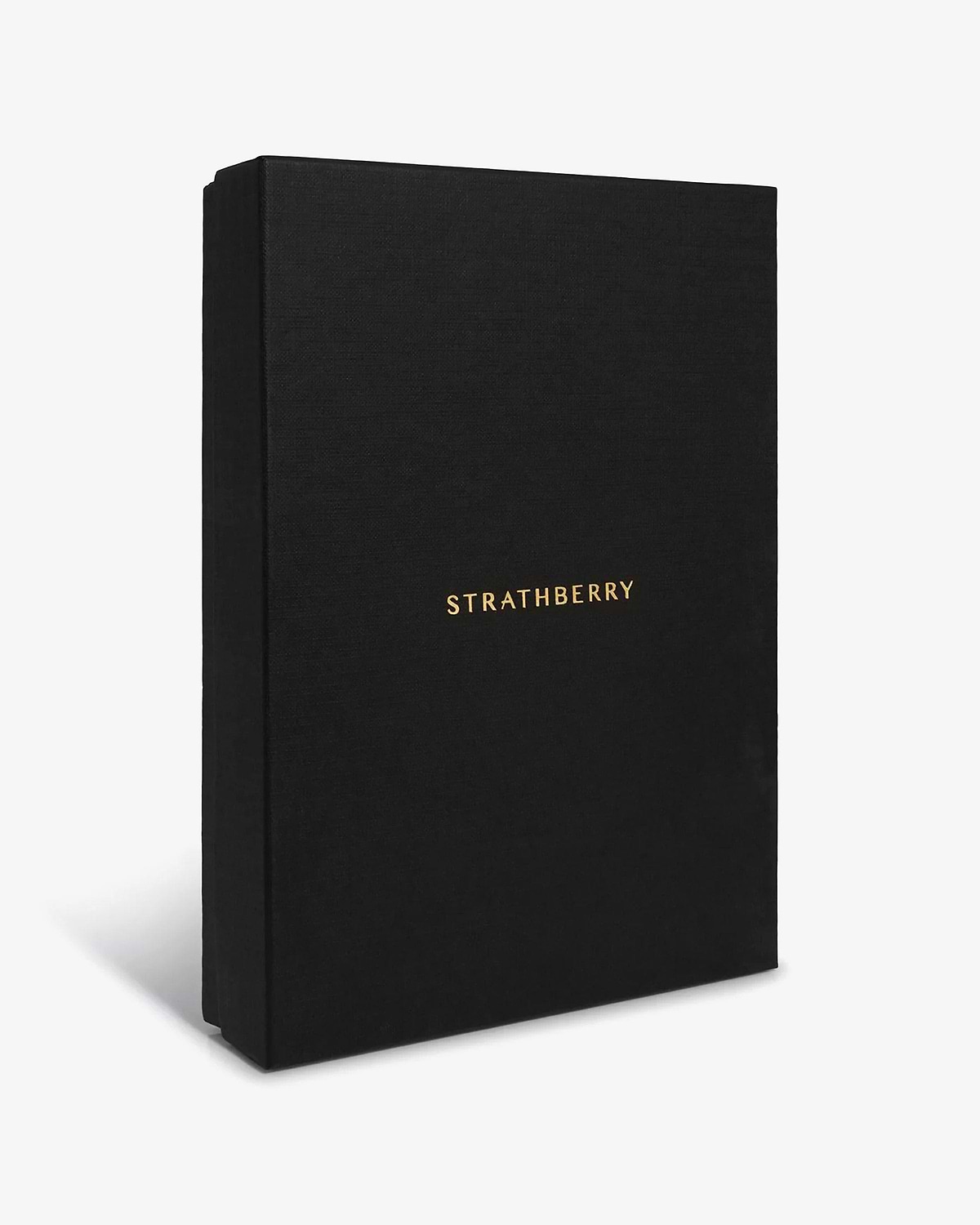 Black Strathberry presentation box with gold logo standing upright on white background.
