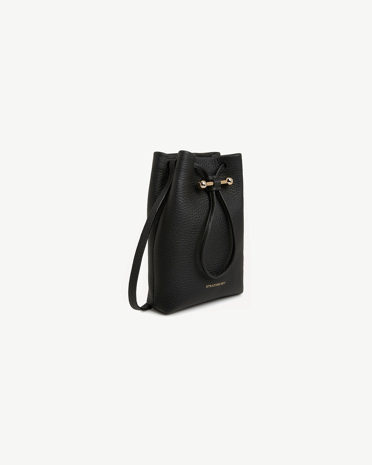 Black pebbled leather midi pouch with drawstring and gold Strathberry logo.
