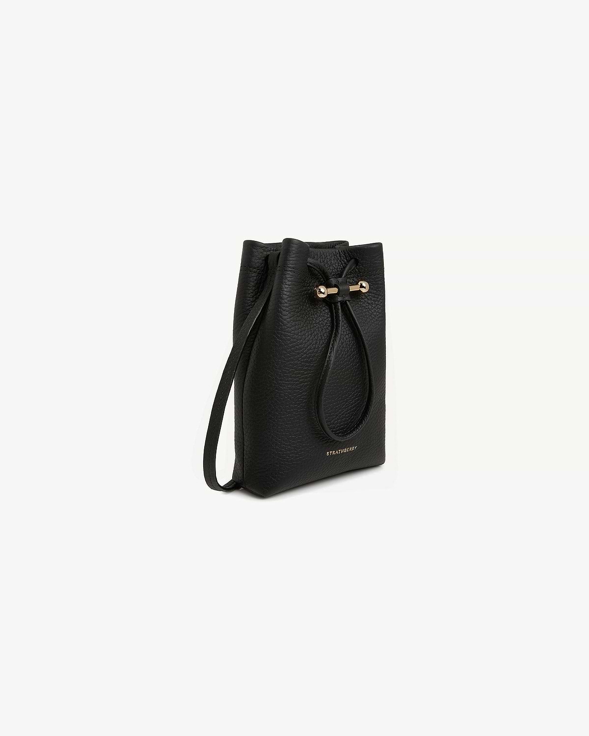 Black pebbled leather midi pouch with drawstring and gold Strathberry logo.