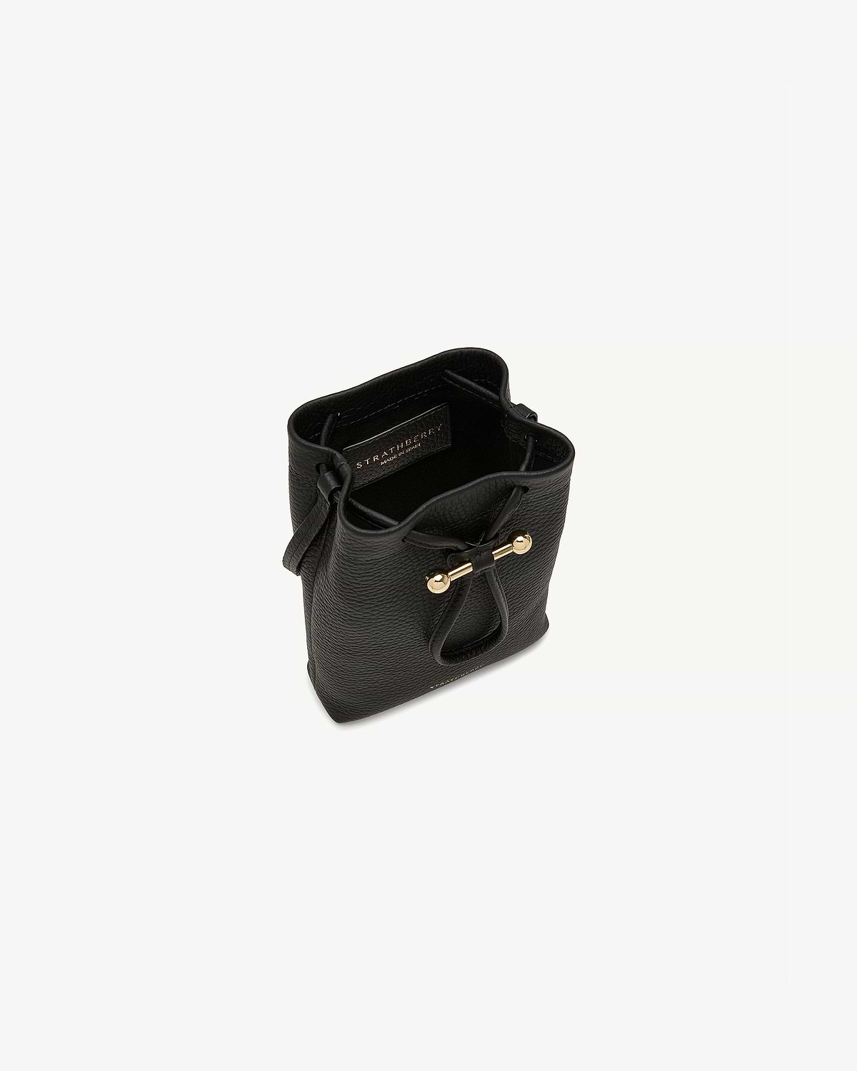 Black Strathberry Osette midi pouch with drawstring and gold bar hardware.