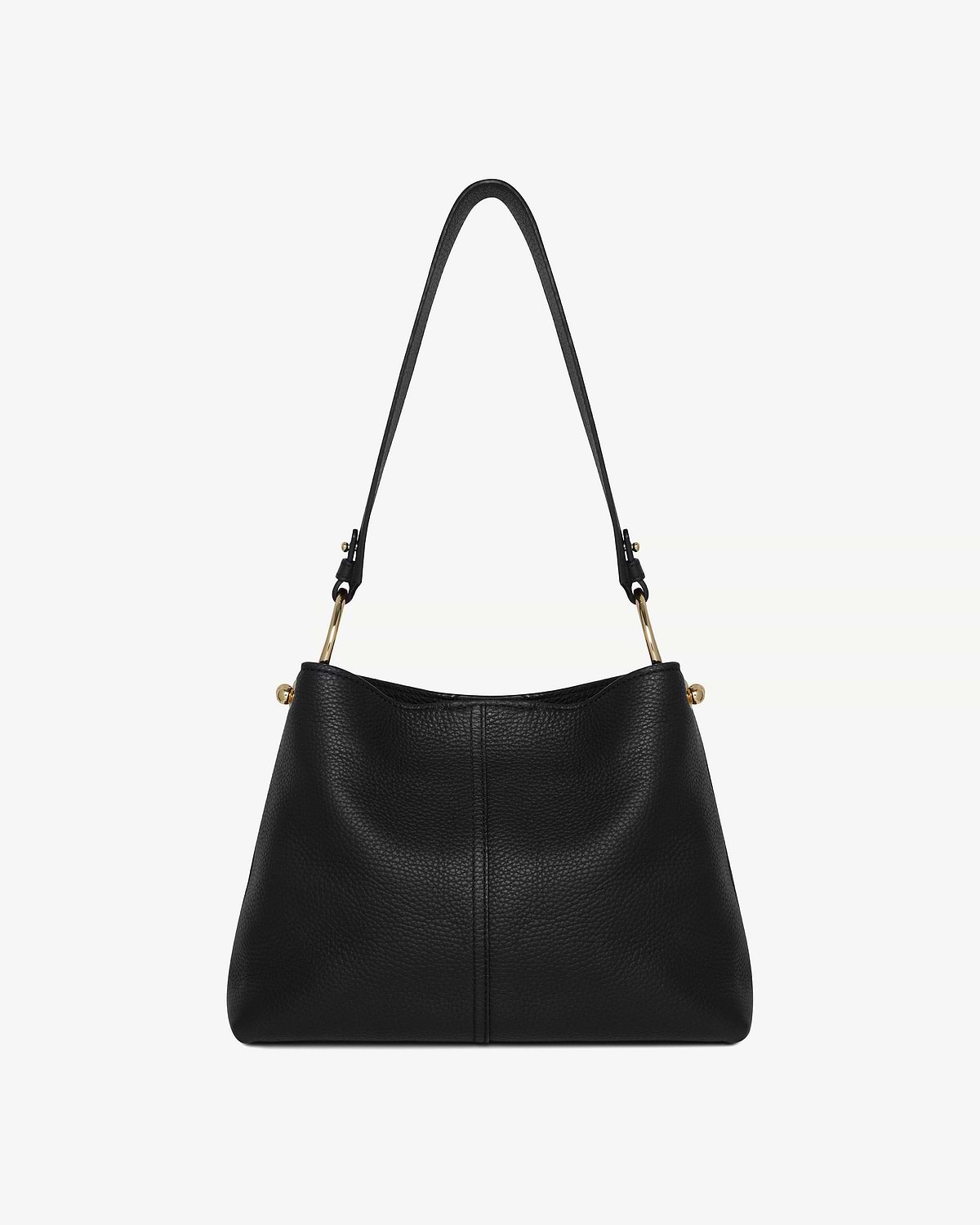 Black pebbled leather hobo bag with single shoulder strap and gold hardware.