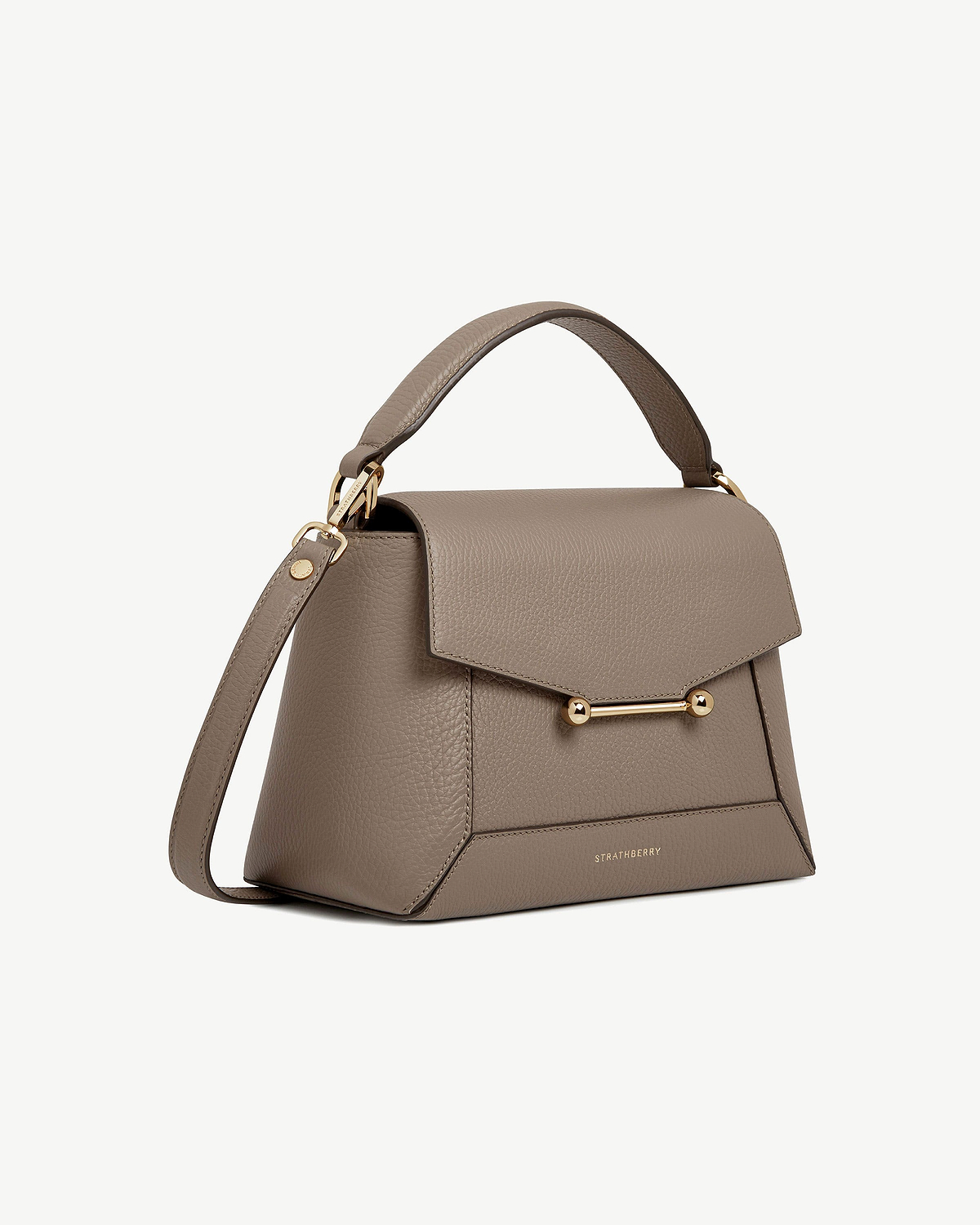 Taupe Strathberry mosaic bag with top handle, detachable shoulder strap and gold bar clasp