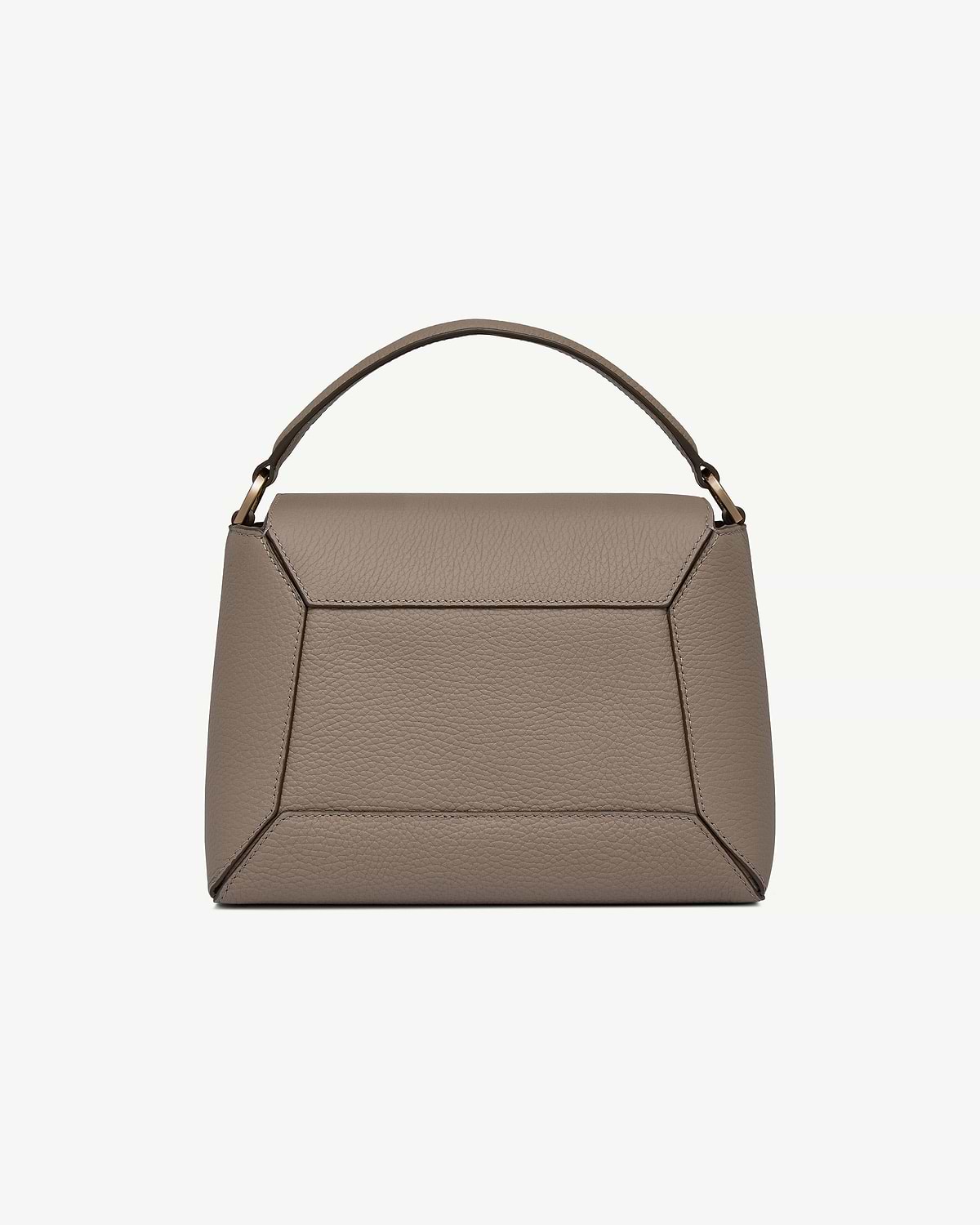 Taupe mosaic bag with single top handle and stitched textured leather panels.