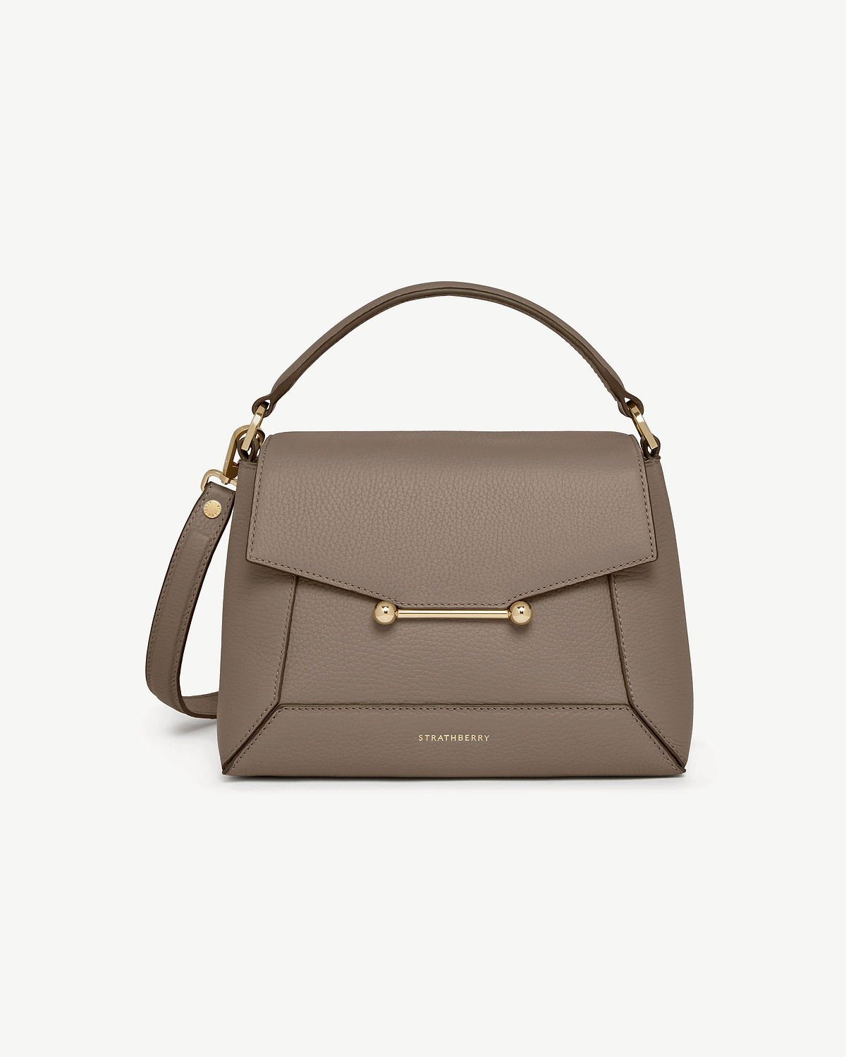 Taupe leather mosaic bag with top handle, gold bar detail, Strathberry logo.