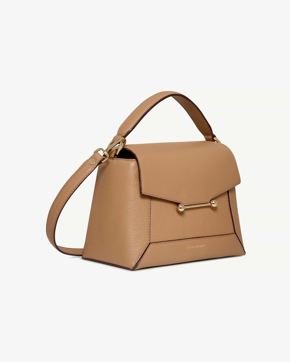 Caramel Strathberry Mosaic bag with top handle, shoulder strap and gold bar hardware.