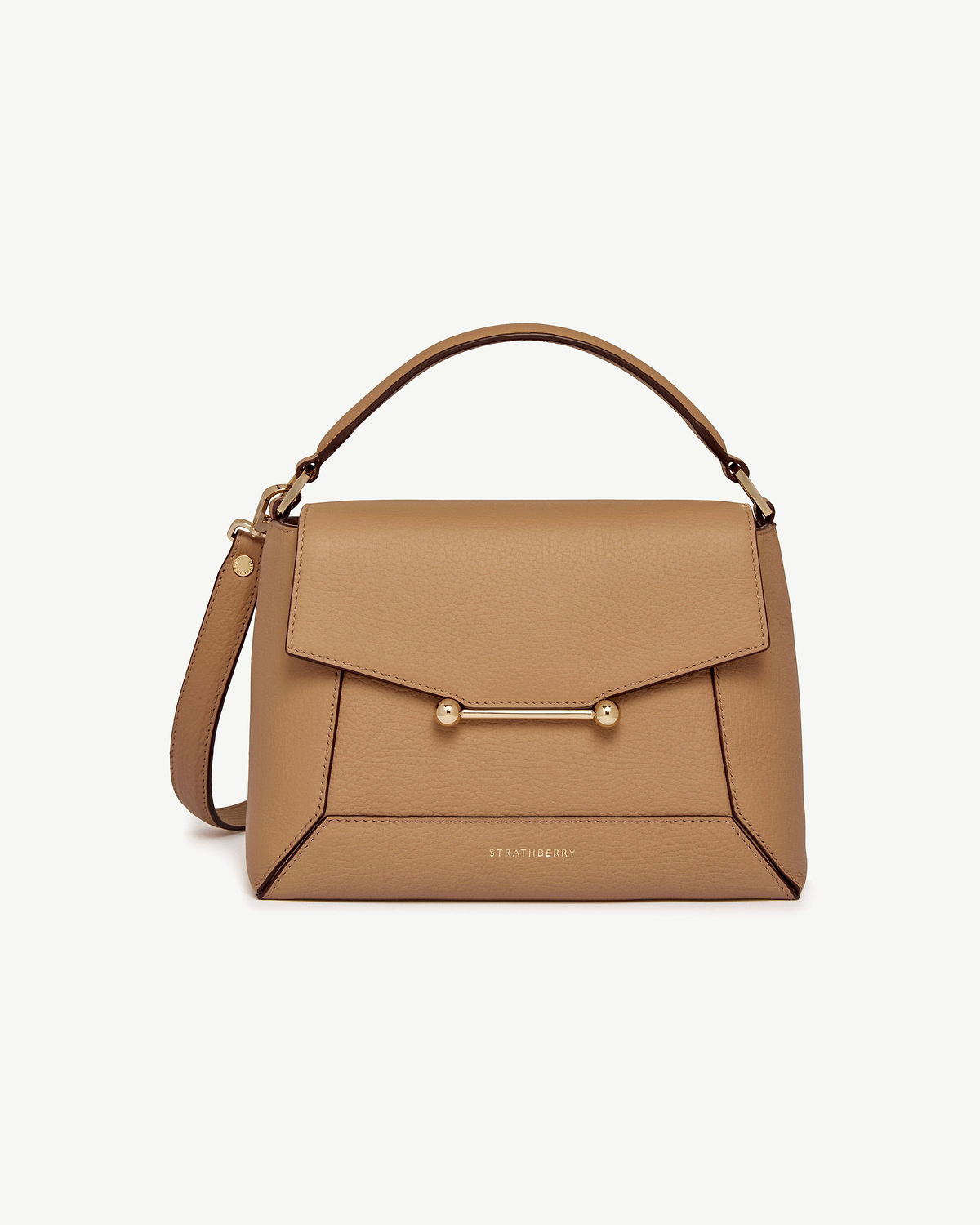 Caramel mosaic bag with top handle, detachable strap, gold bar hardware, Strathberry logo