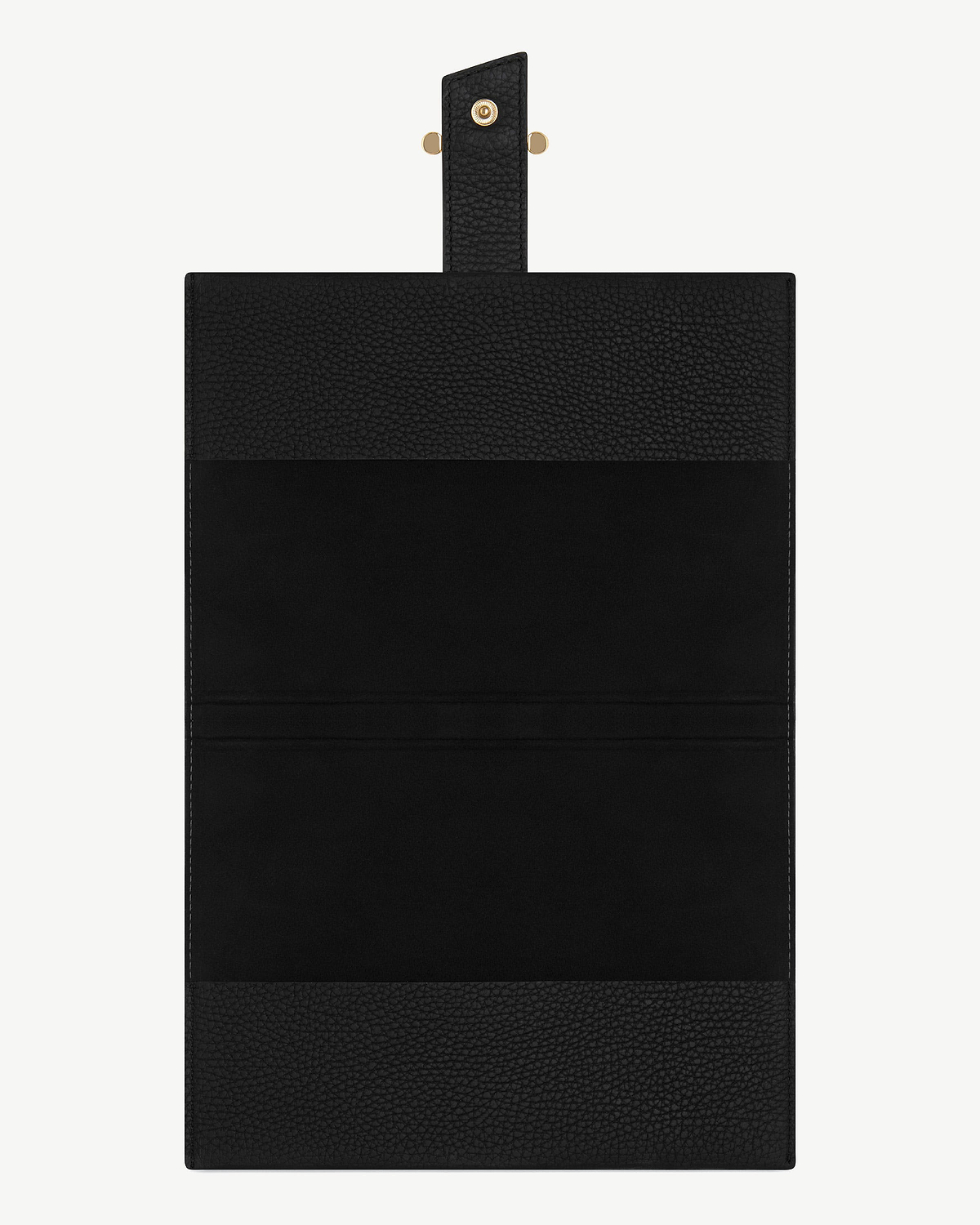 Black notebook folio with pebbled leather trim, smooth centre panel, and snap tab.