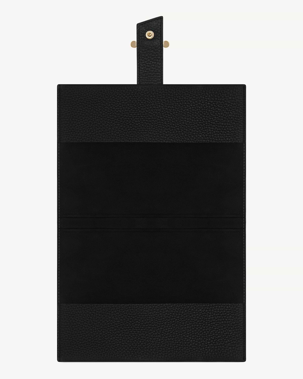 Black notebook folio with pebbled leather trim, smooth centre panel, and snap tab.
