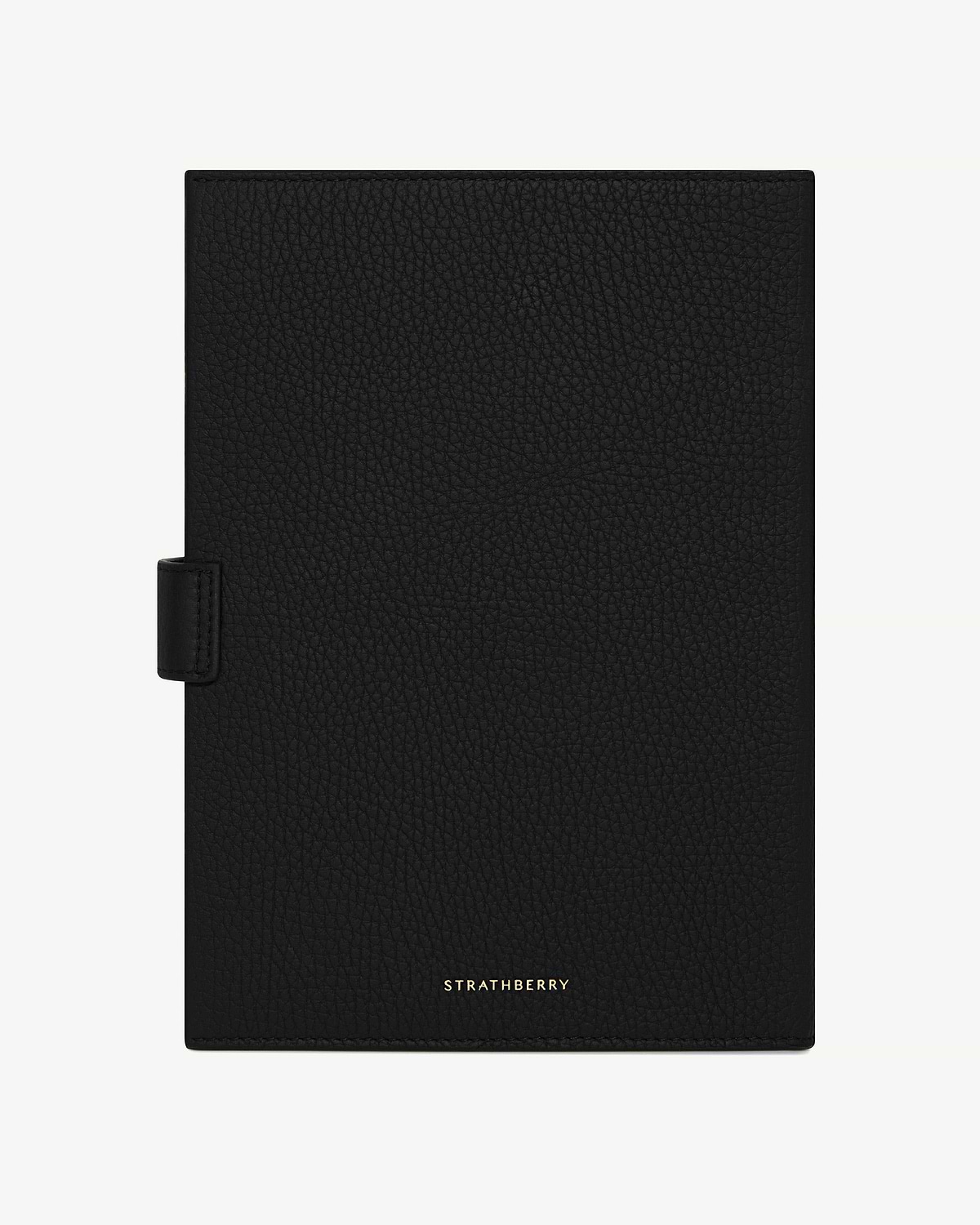 Black Multrees notebook with pebbled leather cover and gold Strathberry logo.