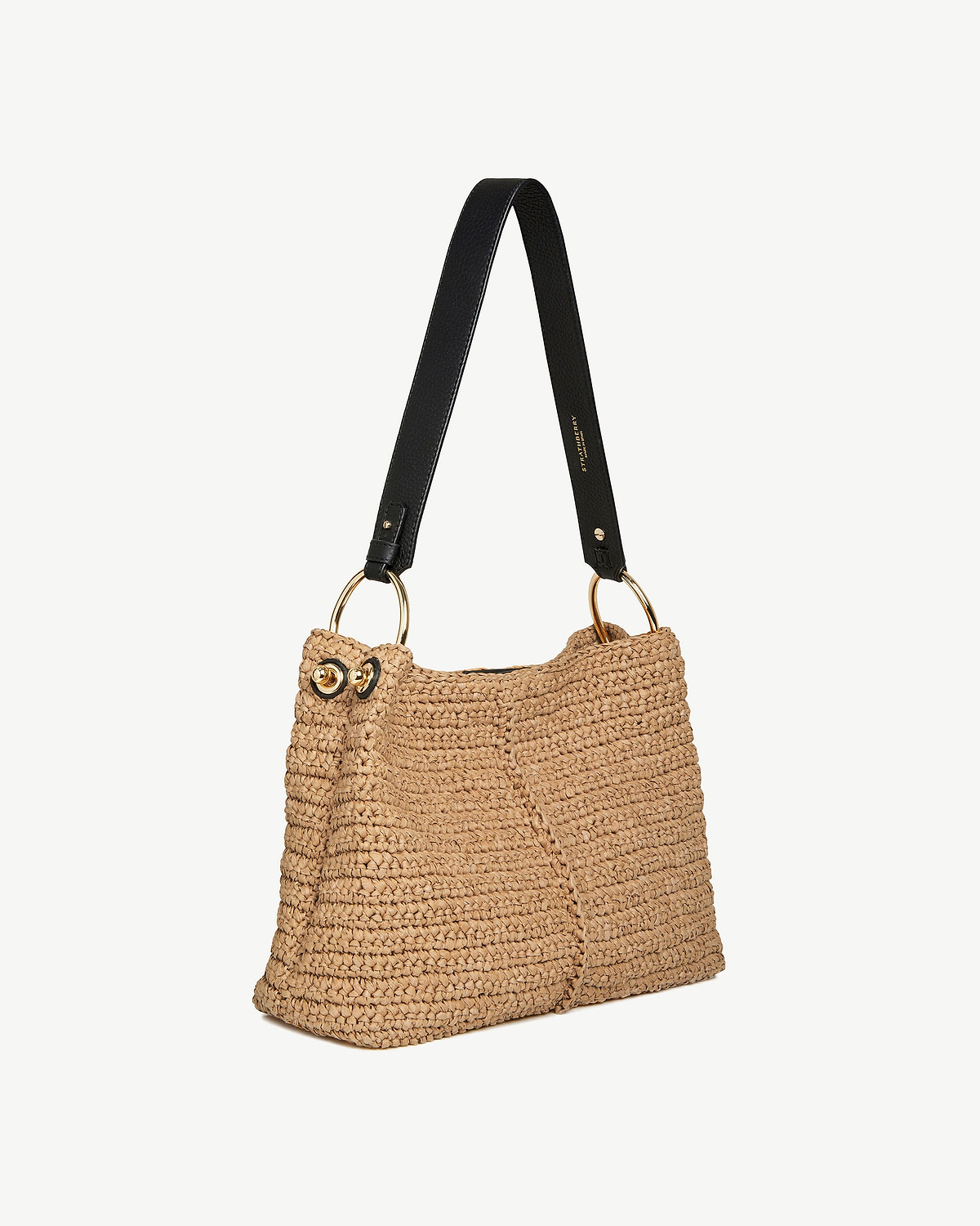 Strathberry raffia hobo bag with black leather strap and gold ring hardware