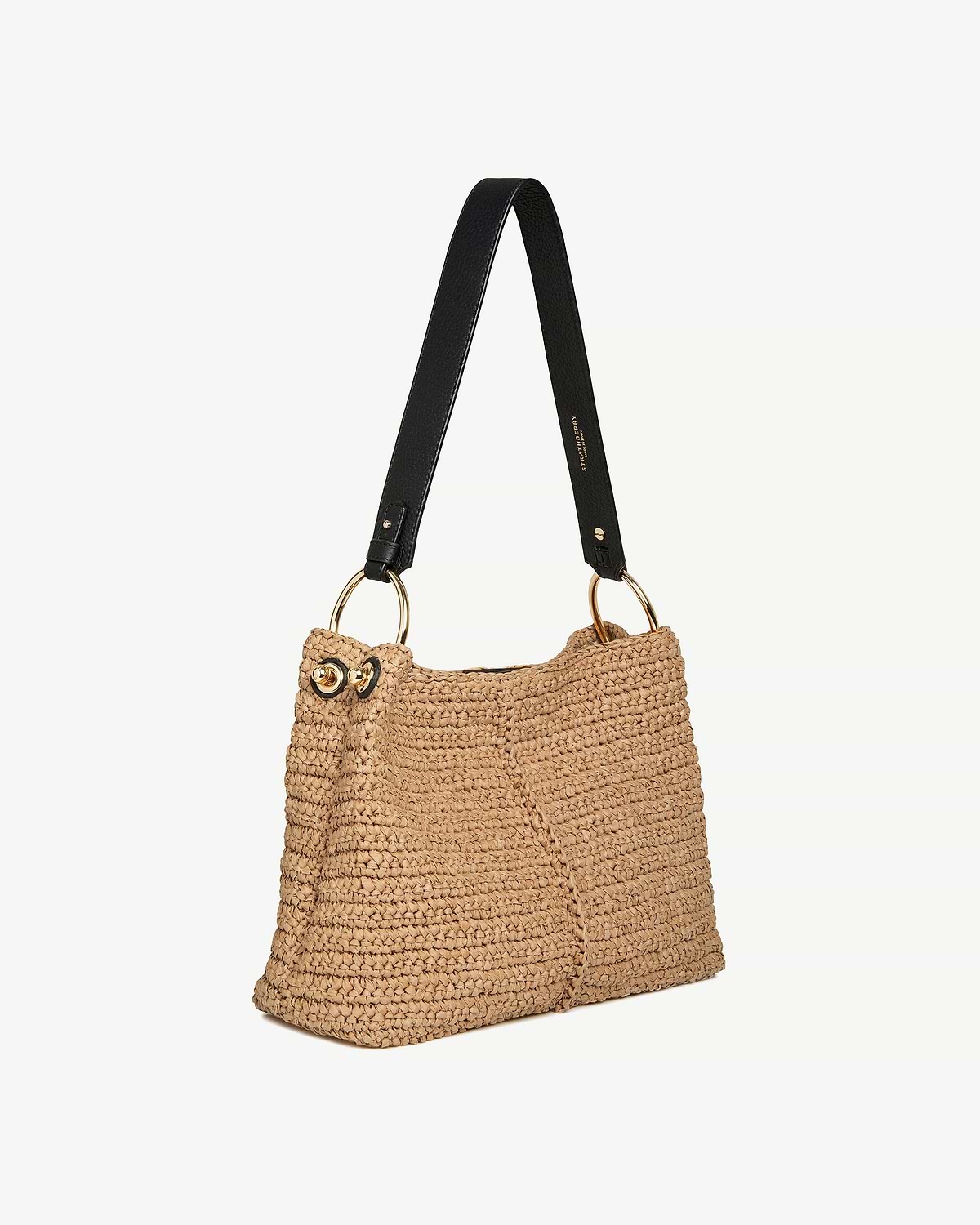 Strathberry raffia hobo bag with black leather strap and gold ring hardware