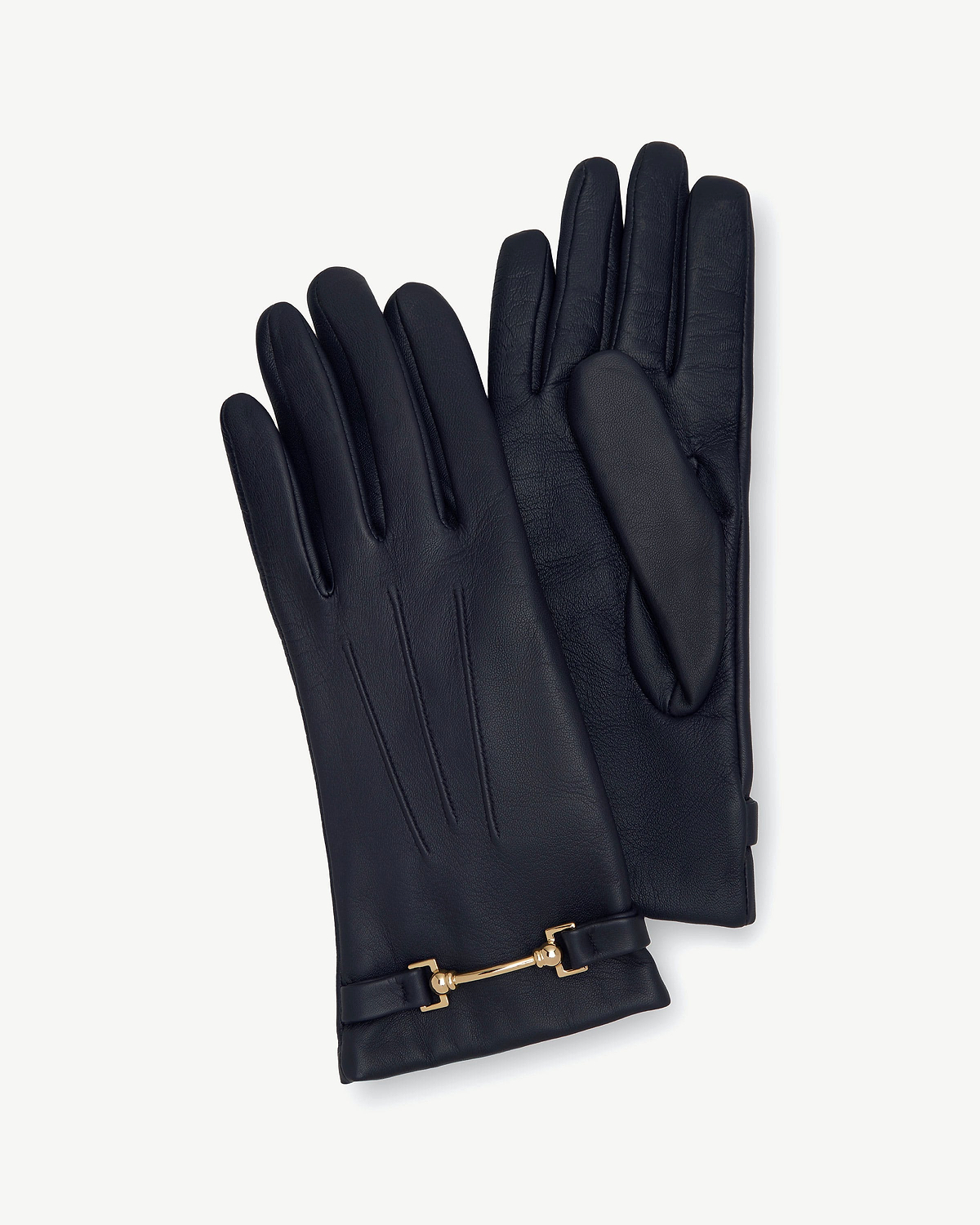 Navy leather gloves with stitched detailing and small gold bit hardware trim.