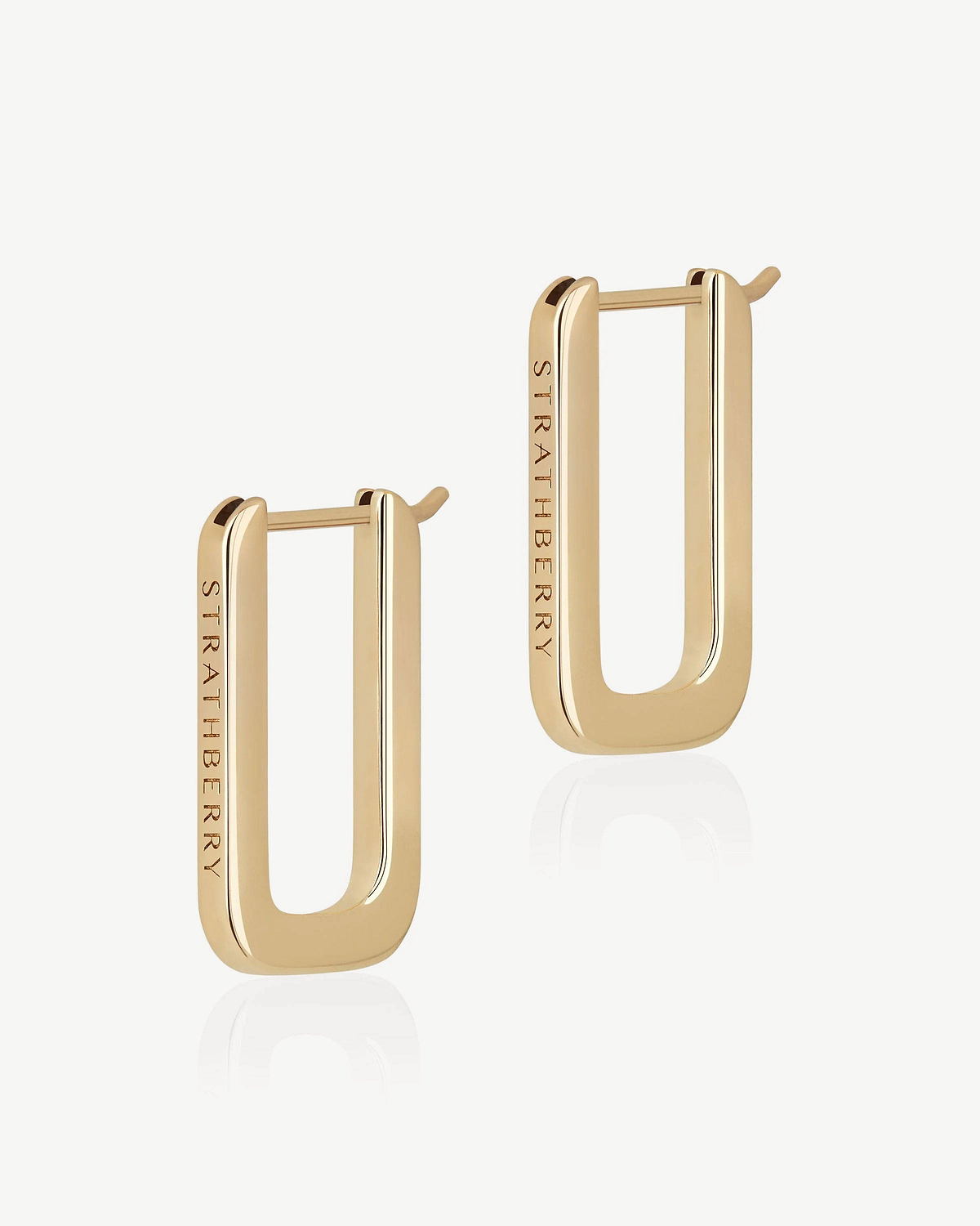 Pair of 22-carat gold-gilded rectangular hoop earrings engraved with Strathberry