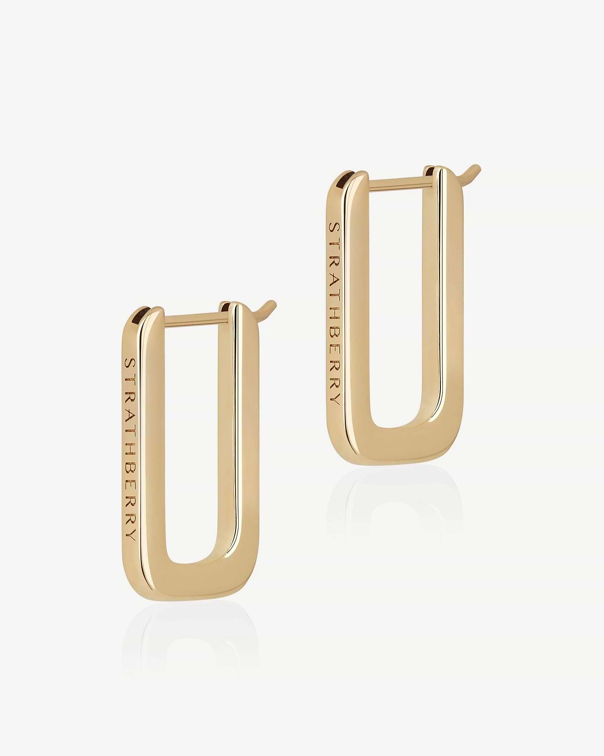 Pair of 22-carat gold-gilded rectangular hoop earrings engraved with Strathberry