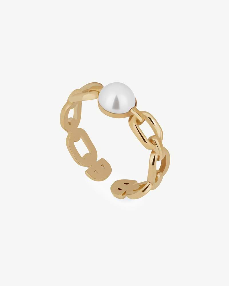 22 carat gold gilded chain-link ring with a single round white pearl, open band.