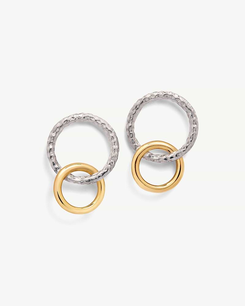 Pair of Halo earrings with hammered sterling silver hoops linked to 24-carat gold rings