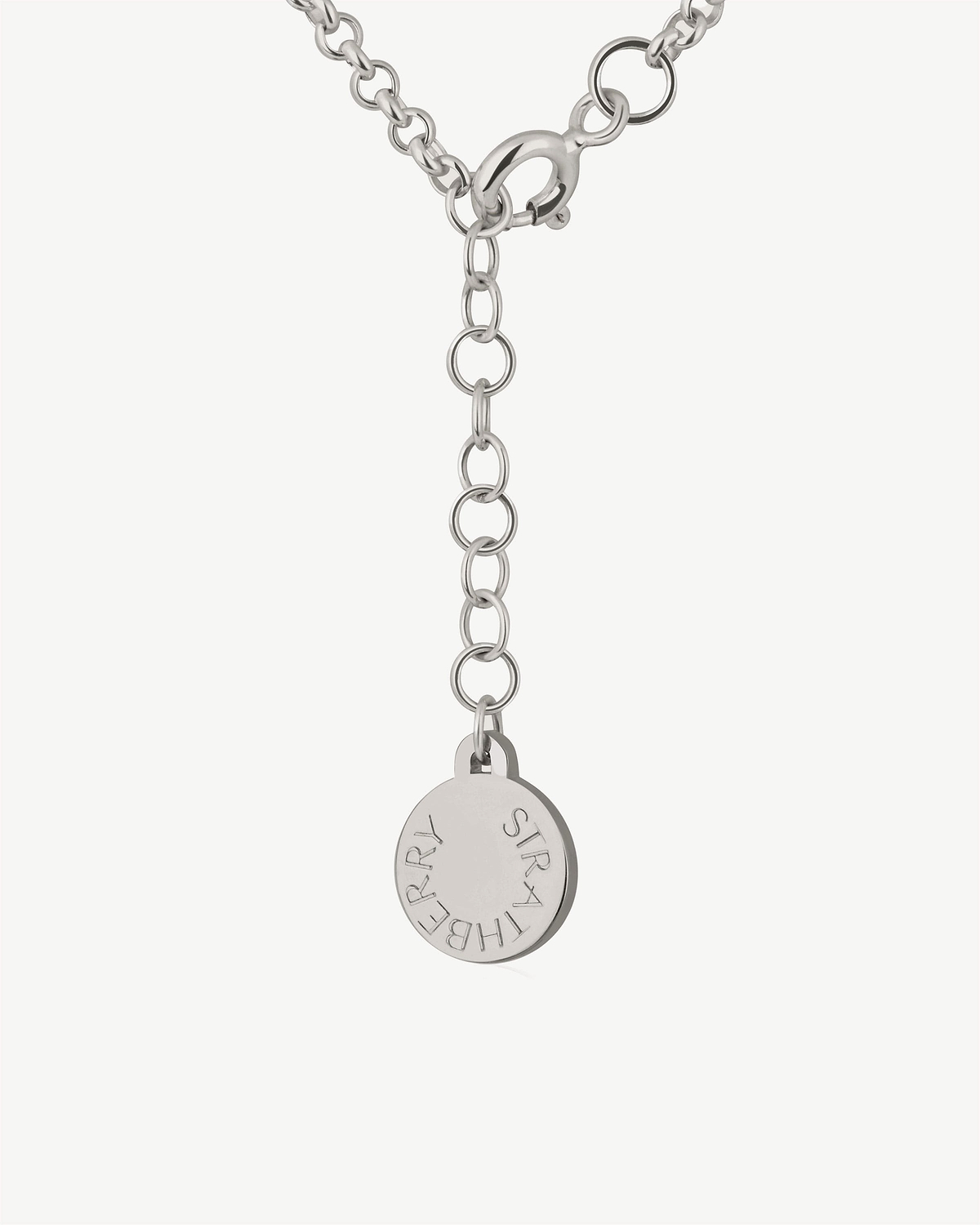 Sterling silver chain with round Strathberry tag and adjustable extender