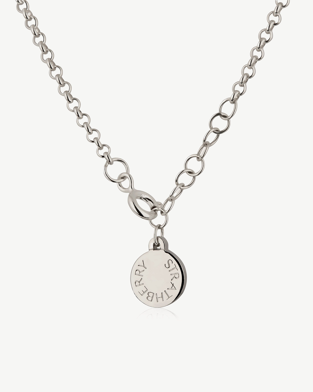 Sterling silver halo bracelet with round Strathberry engraved disc charm