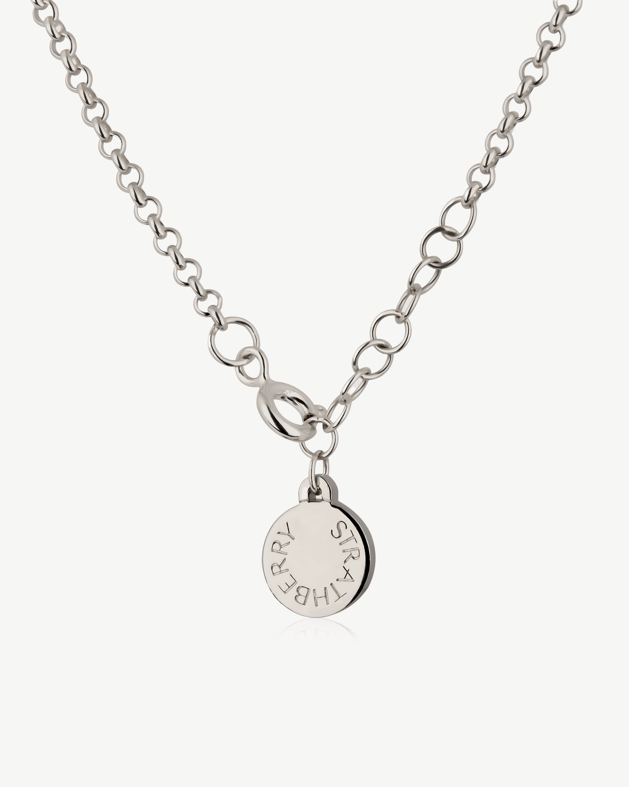 Sterling silver halo bracelet with round Strathberry engraved disc charm