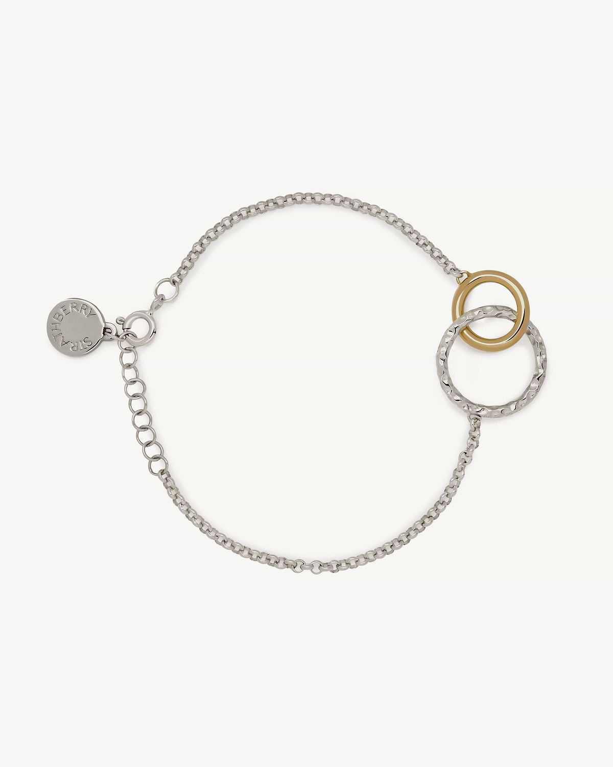 Strathberry sterling silver bracelet with two interlocking rings and 24ct gold accent.