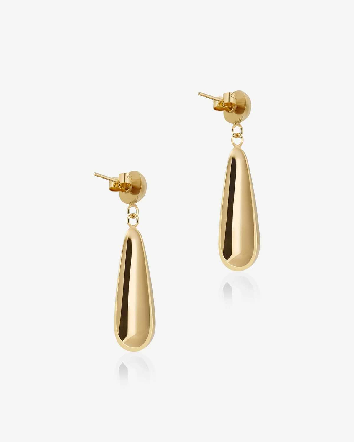 Pair of Jasmine drop earrings, 24 carat gold-gilded, on white background.