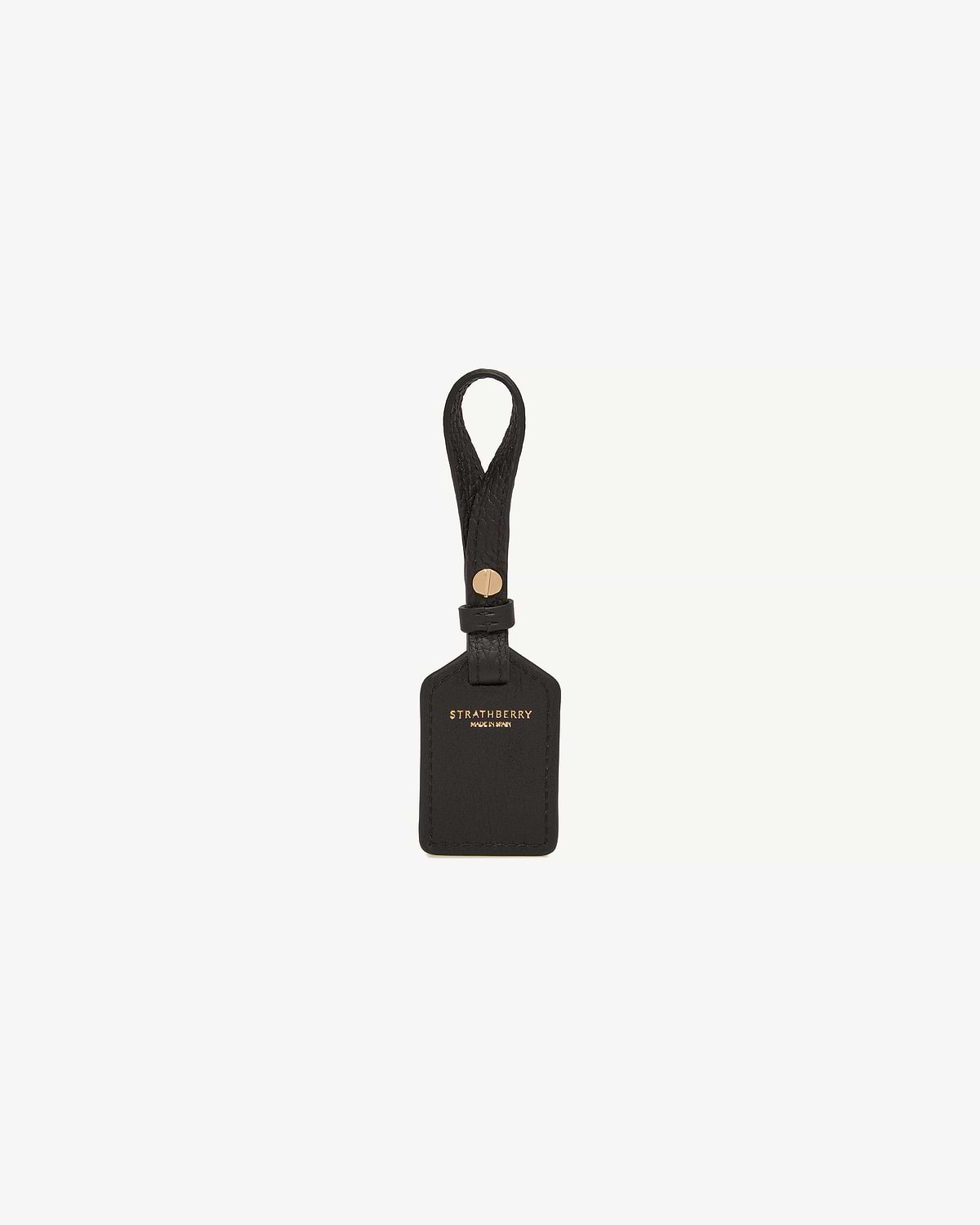 Black leather tag with loop strap and gold Strathberry logo.