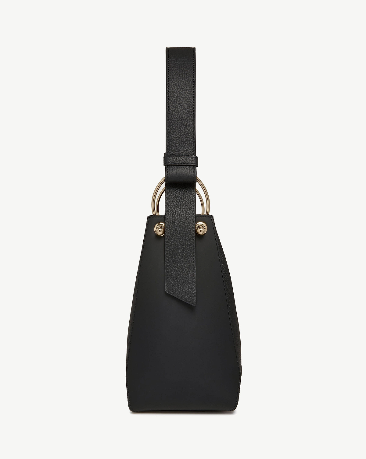 Black leather midi bucket bag with wide shoulder strap and gold ring handles.