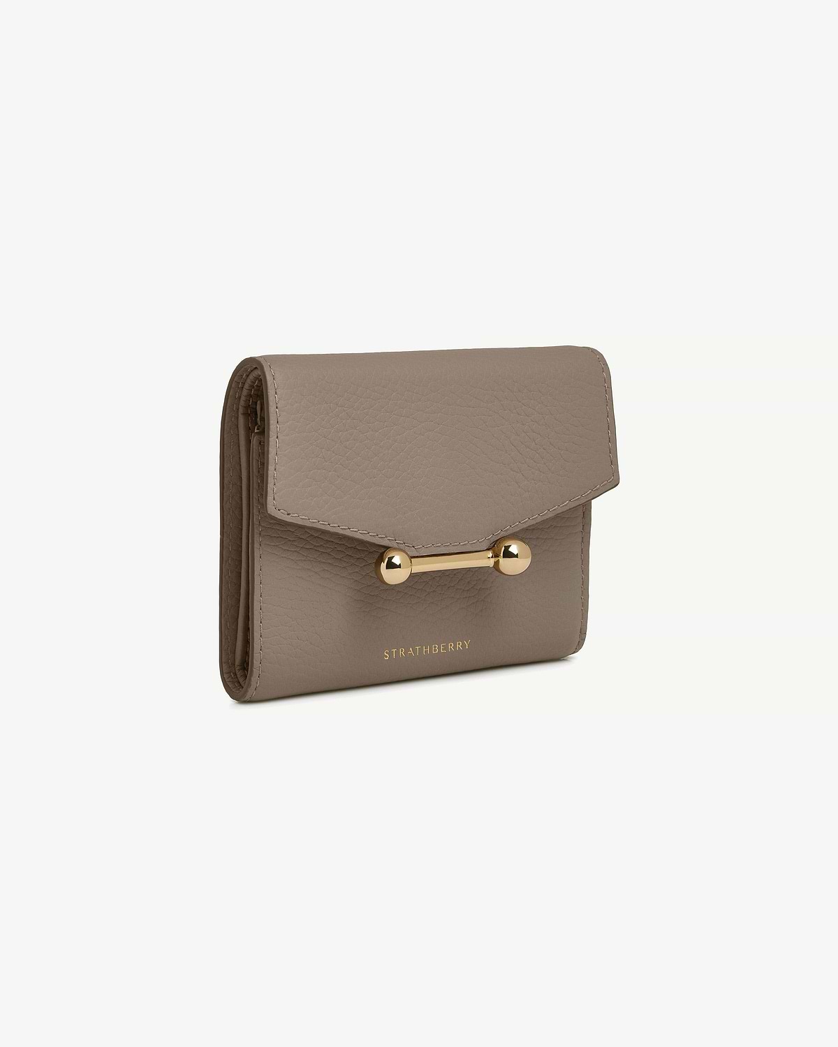 Strathberry mosaic trifold wallet in taupe pebble leather with gold bar closure.