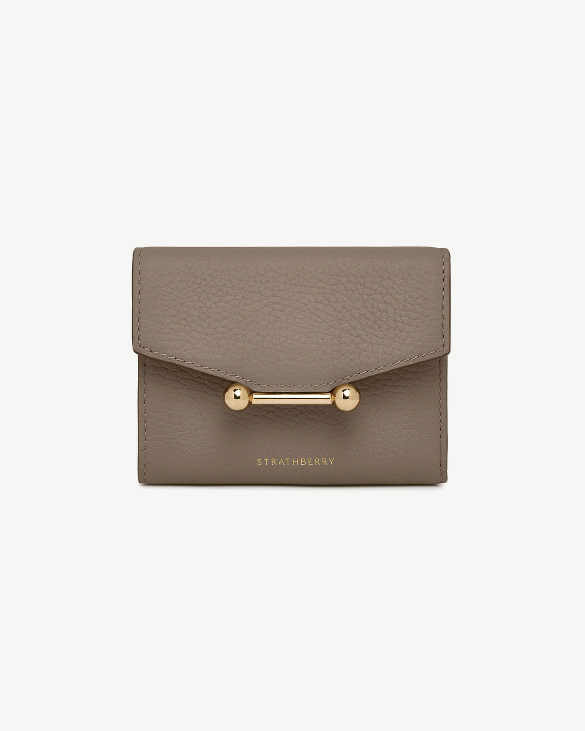 Strathberry taupe mosaic trifold wallet with gold bar closure, front view