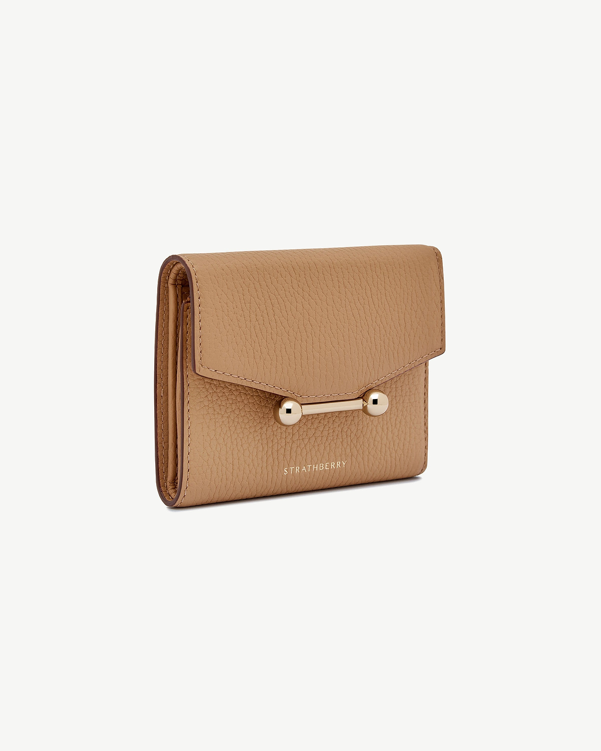 Caramel mosaic trifold wallet with gold bar closure and Strathberry logo