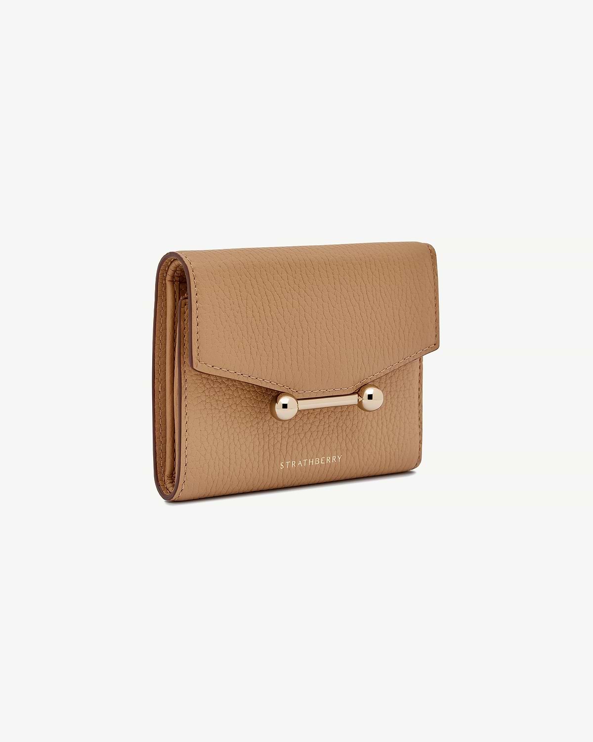 Caramel mosaic trifold wallet with gold bar closure and Strathberry logo