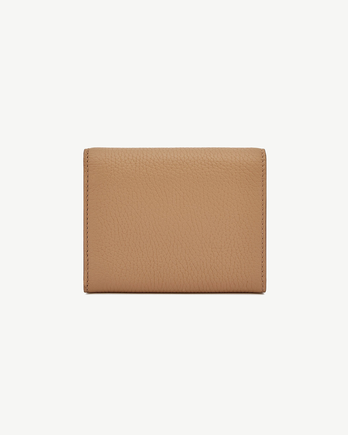 Caramel pebbled leather trifold wallet shown closed on white background.