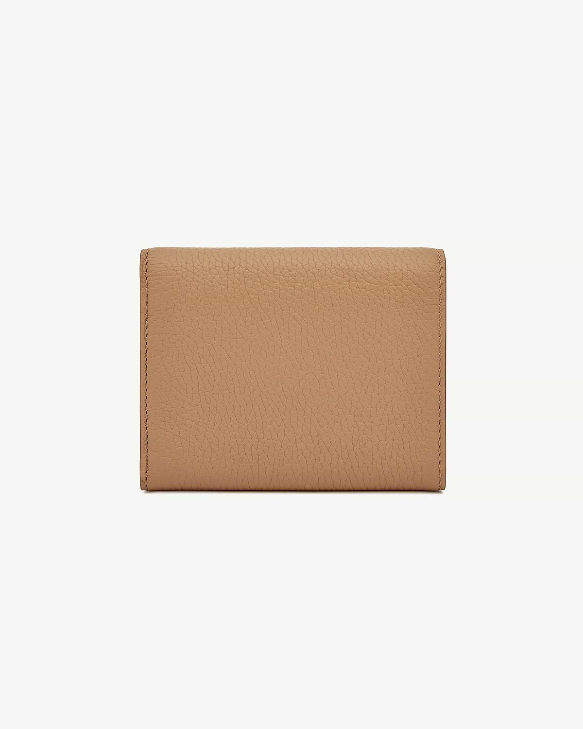 Caramel pebbled leather trifold wallet shown closed on white background.