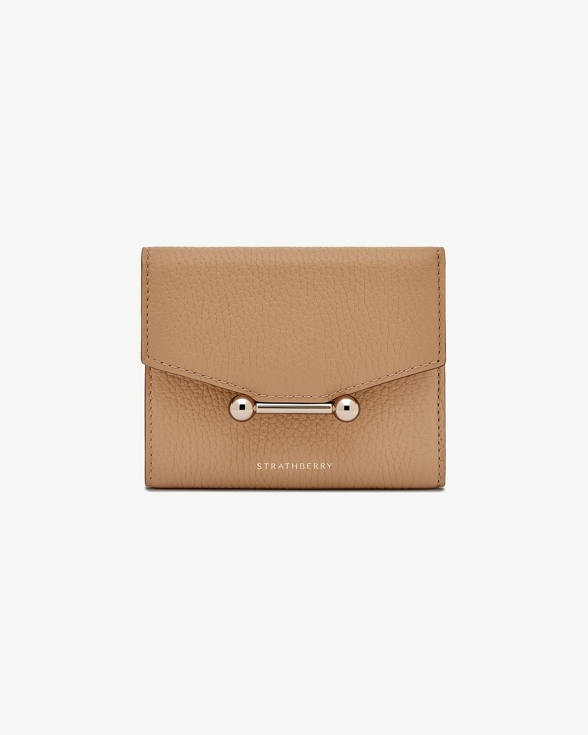 Caramel Strathberry mosaic trifold wallet with gold bar closure and pebbled leather.